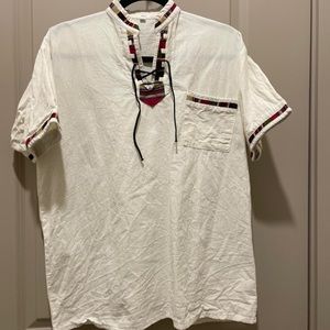 Handmade Linen Shirt, Size Large, White with some red
